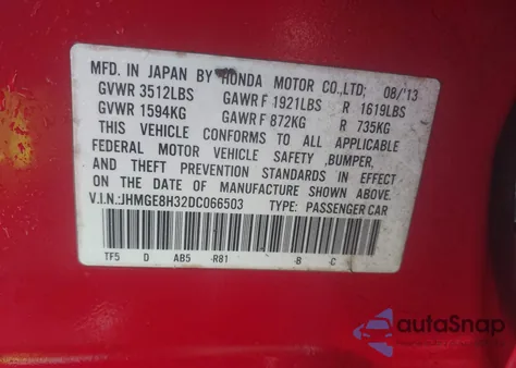 2013 Honda Fit из США, поврежденный, VIN JHMGE8H32DC066503